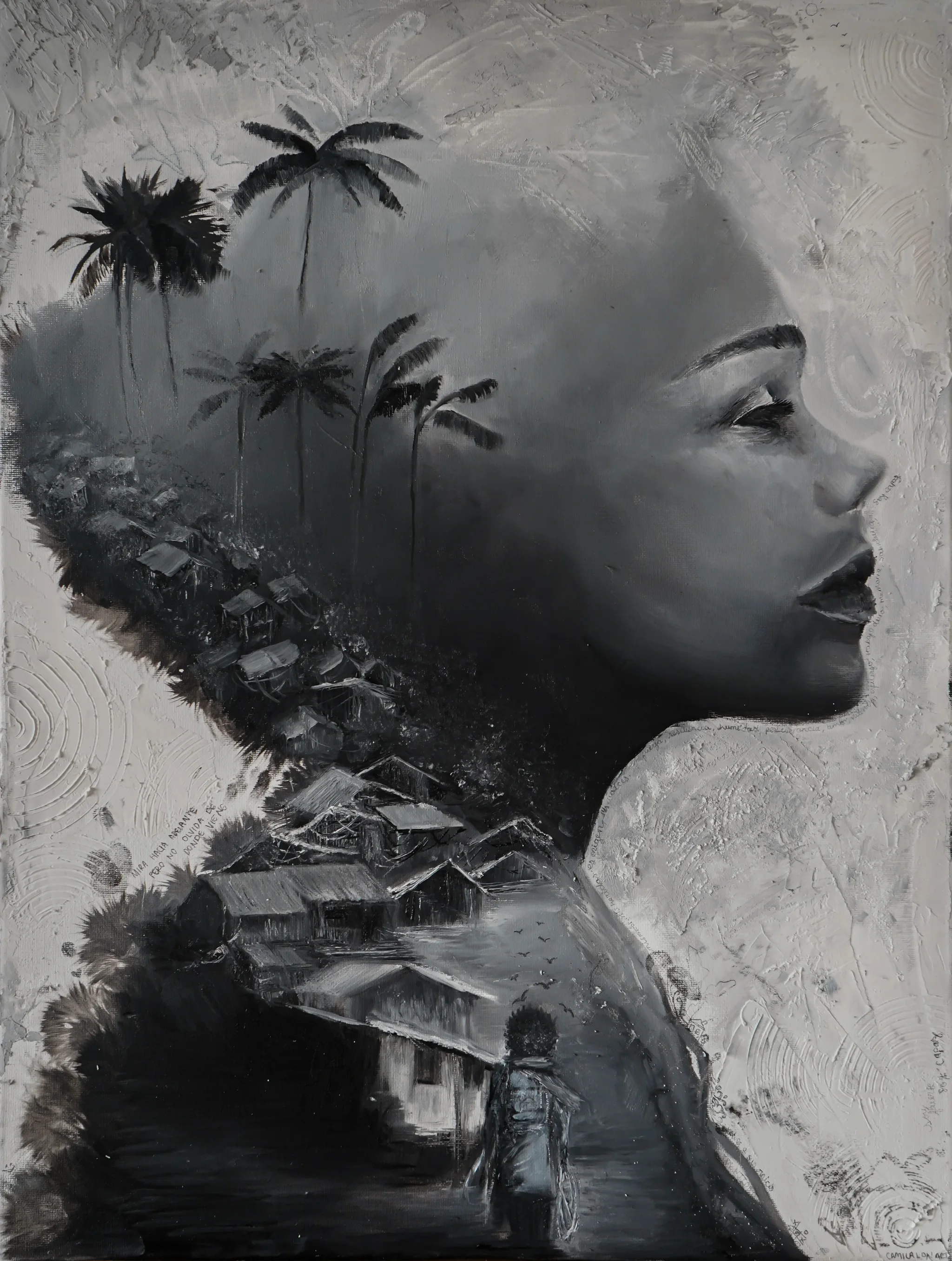 Carrying Home, a mixed-media portrait layered with palm trees and houses