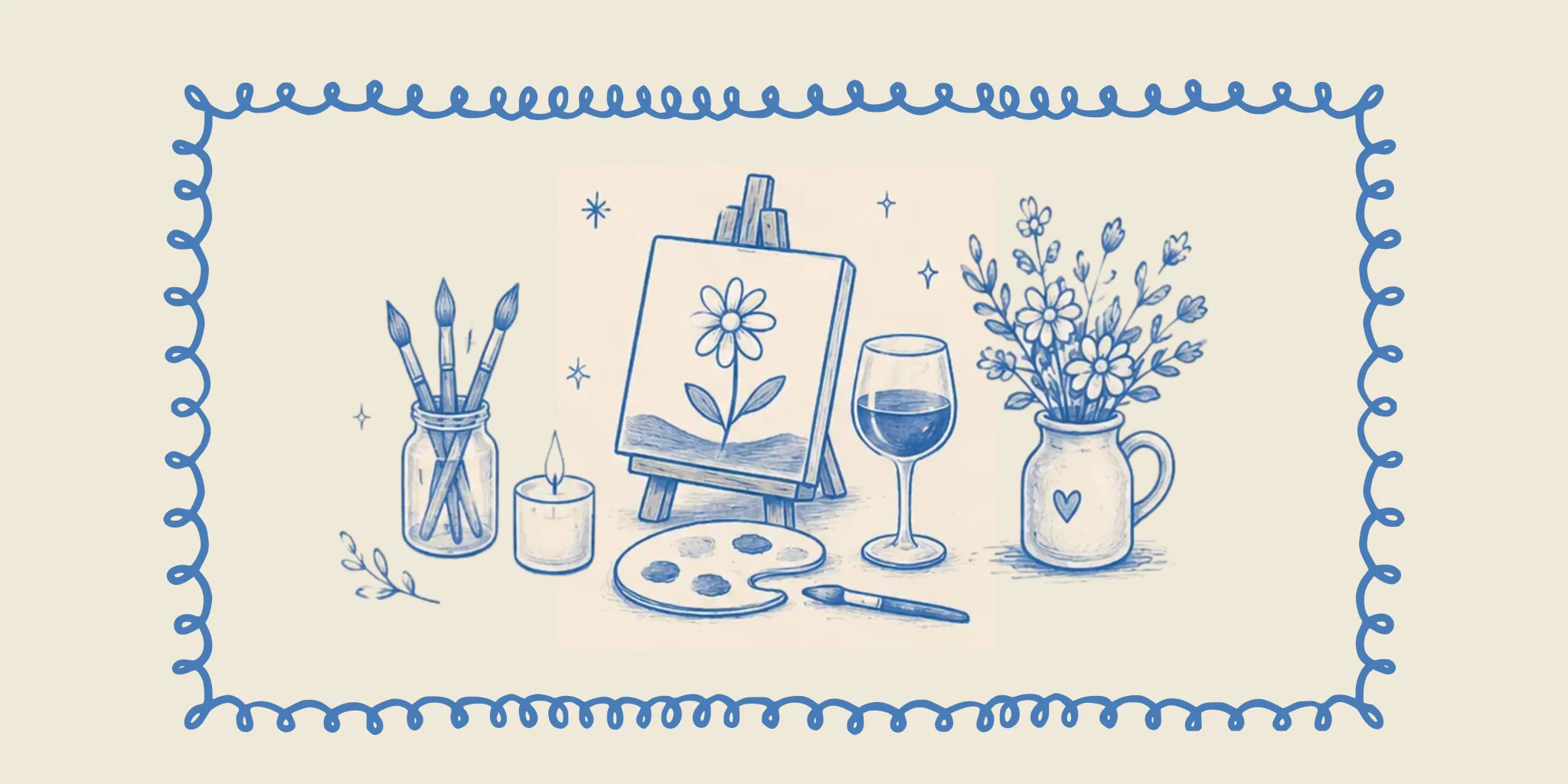 Blue line illustration of brushes, paint, a canvas and wine glasses
